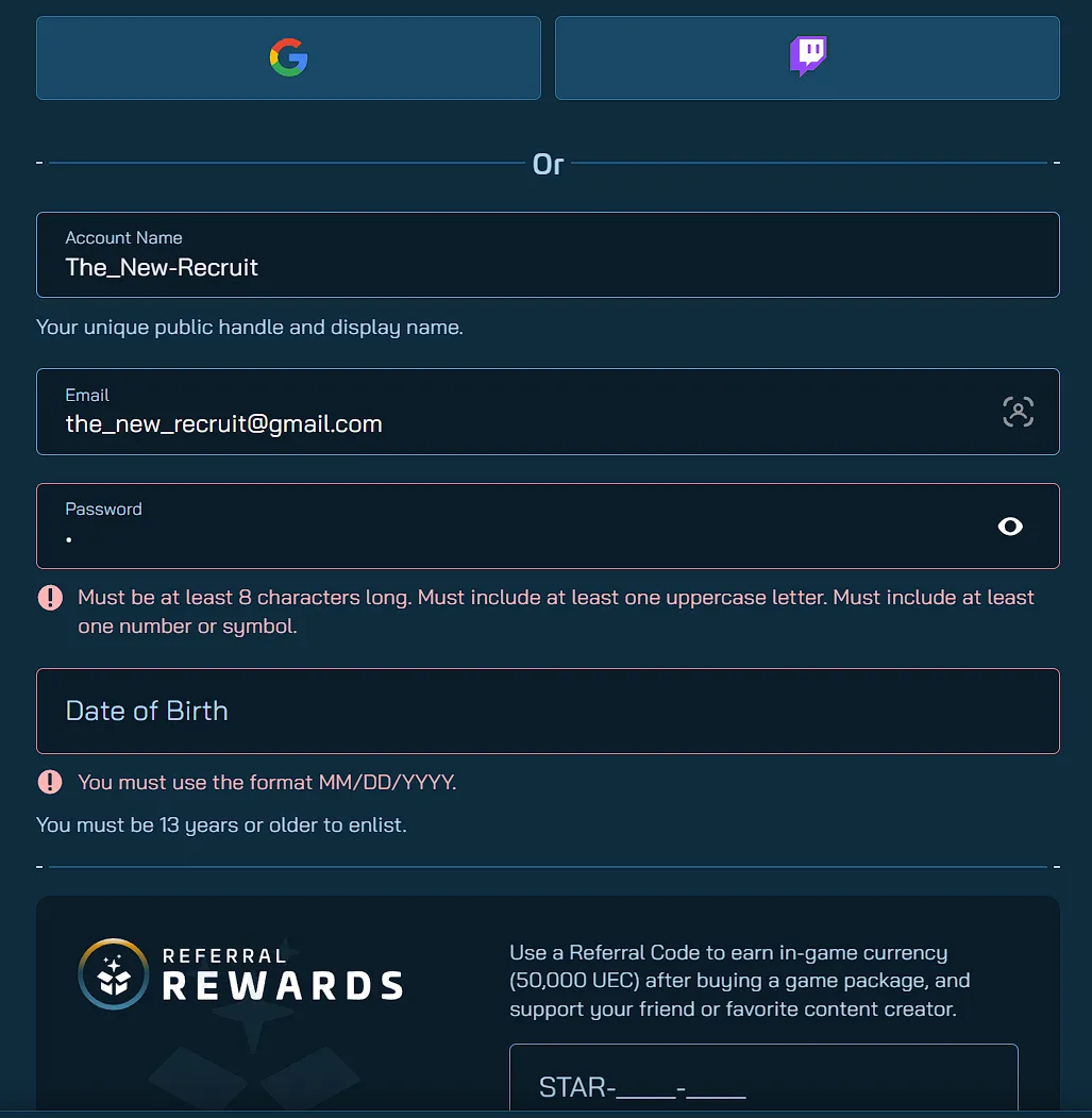 RSI account registration screen